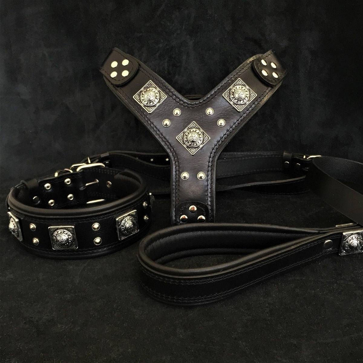 Ensemble MITZON Eros pour grand chien en cuir noir avec harnais, collier et laisse ornés de rivets en argent vieilli.