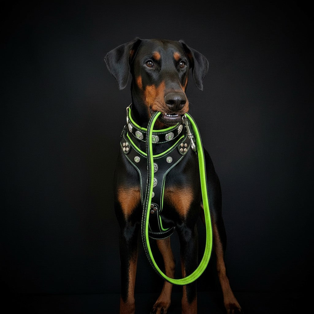 Doberman portant l'ensemble MITZON Bijou vert en cuir avec rivets décoratifs et strass sur fond noir