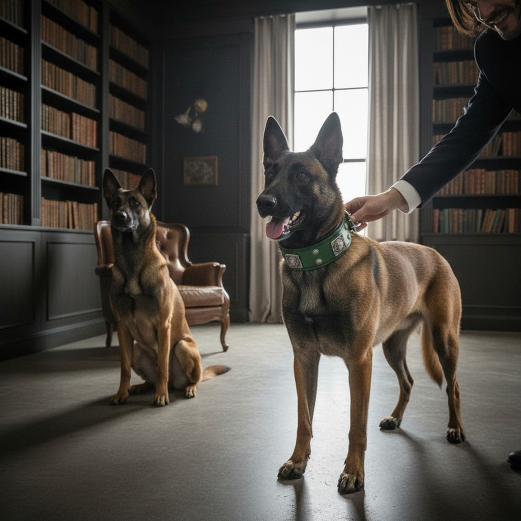 Collier pour chien MITZON Eros vert en cuir avec rivets décoratifs et rembourrage orthopédique sur un Berger Belge