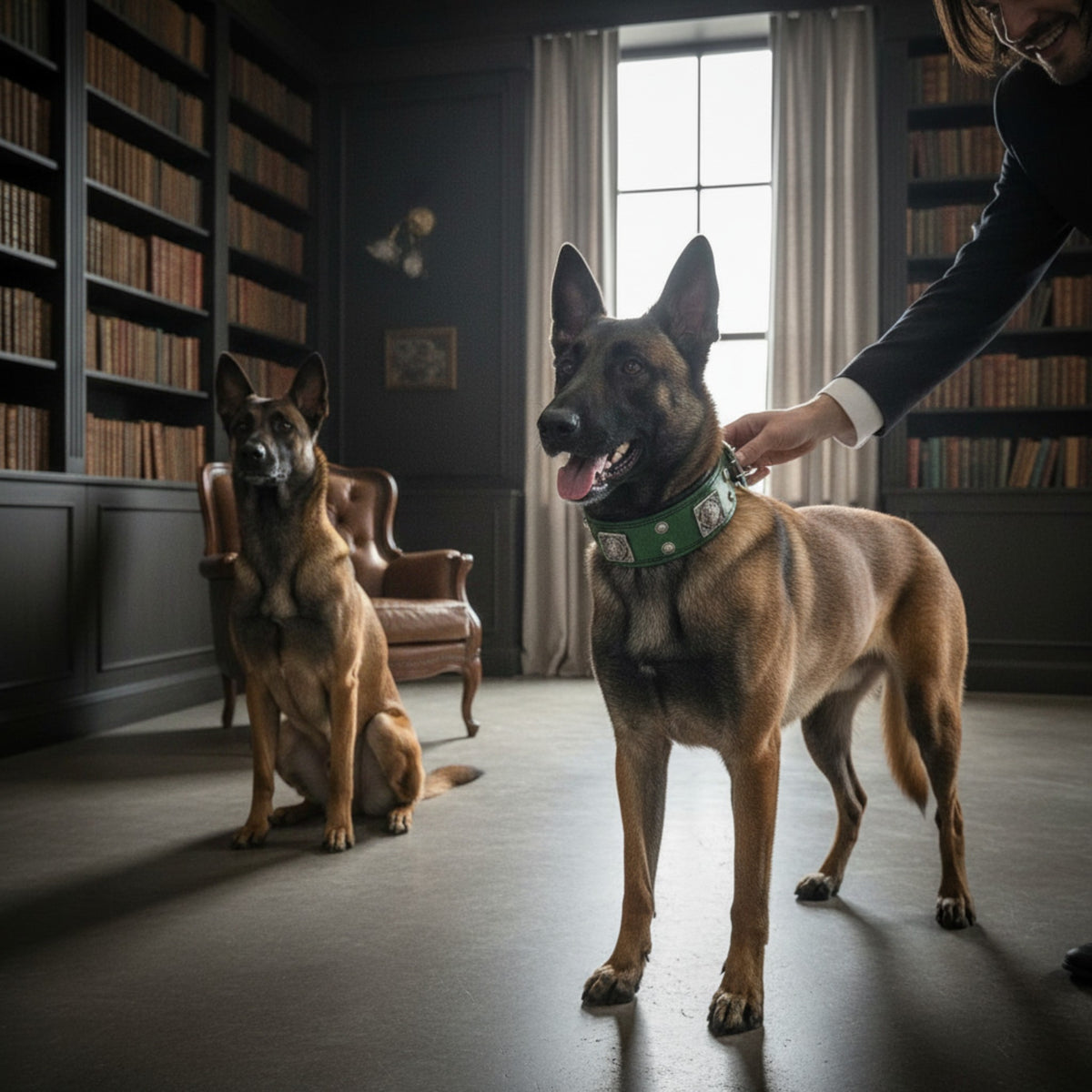 Collier pour chien MITZON Eros vert en cuir avec rivets décoratifs et rembourrage orthopédique sur un Berger Belge