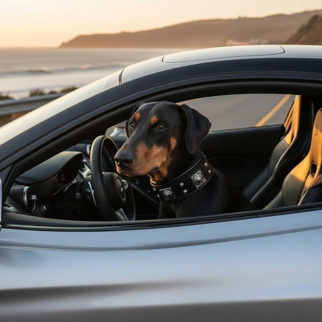 Chien Doberman portant un collier en cuir noir MITZON Eros, large et rembourré, assis dans une voiture au coucher du soleil.