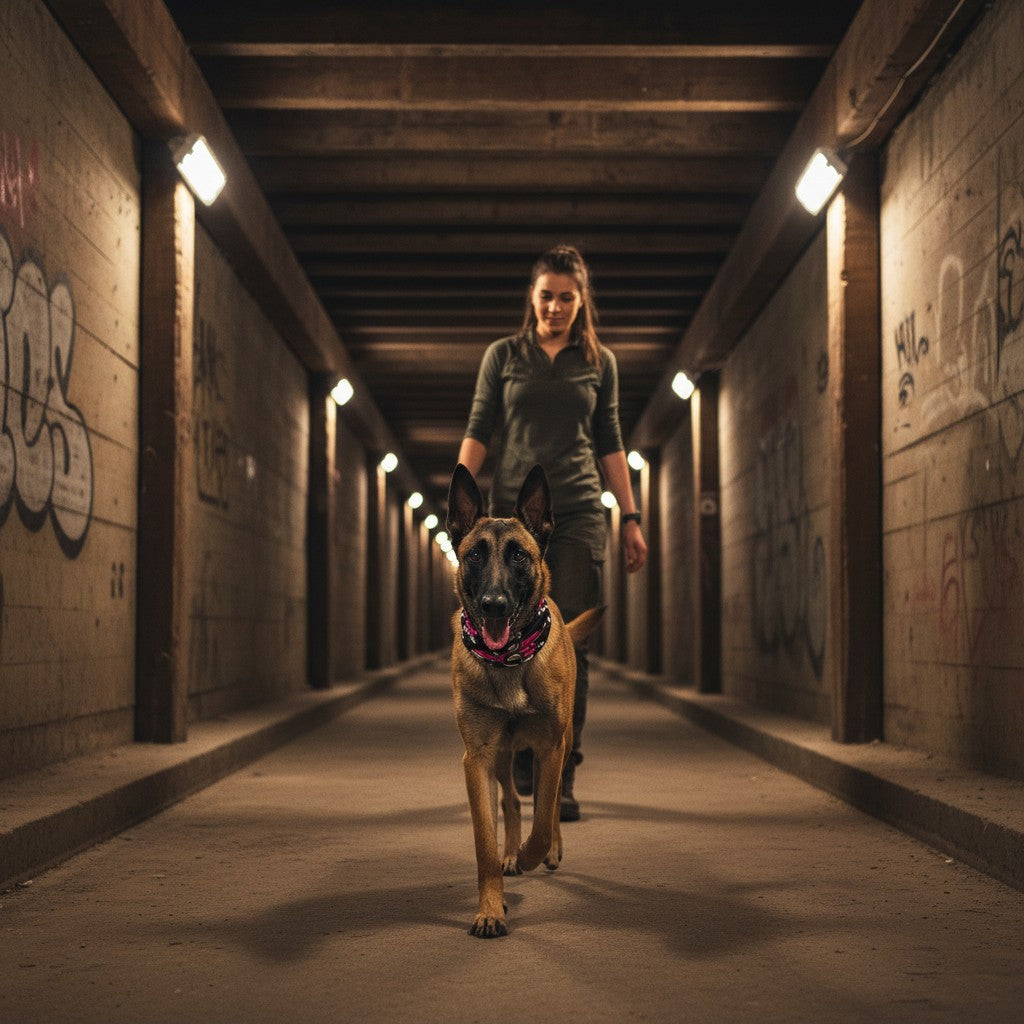 Chien portant un foulard MITZON Day of the Dog rose extensible dans un tunnel urbain avec sa propriétaire