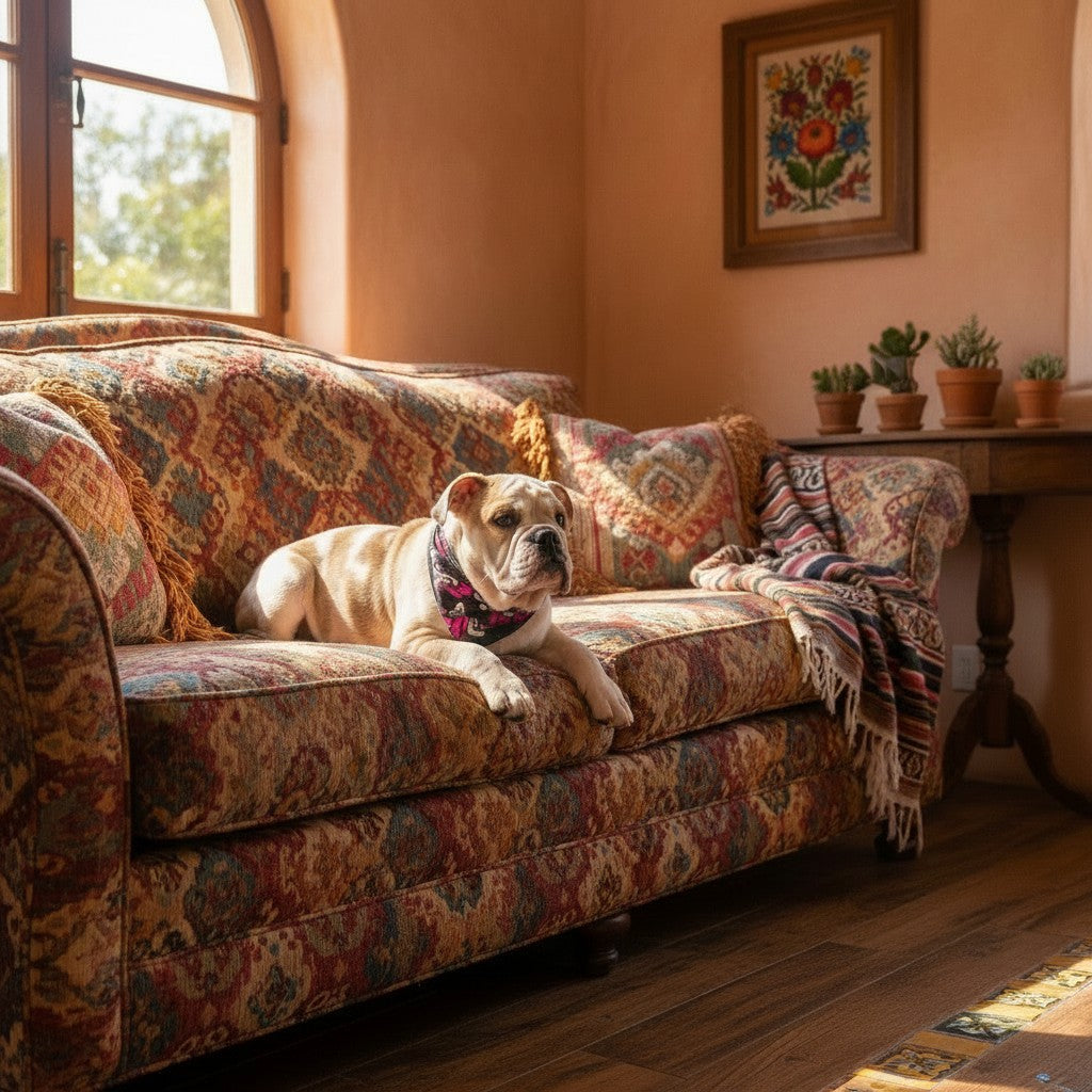 Bouledogue anglais portant un foulard MITZON rose Day of the Dog sur un canapé à motifs dans un salon ensoleillé