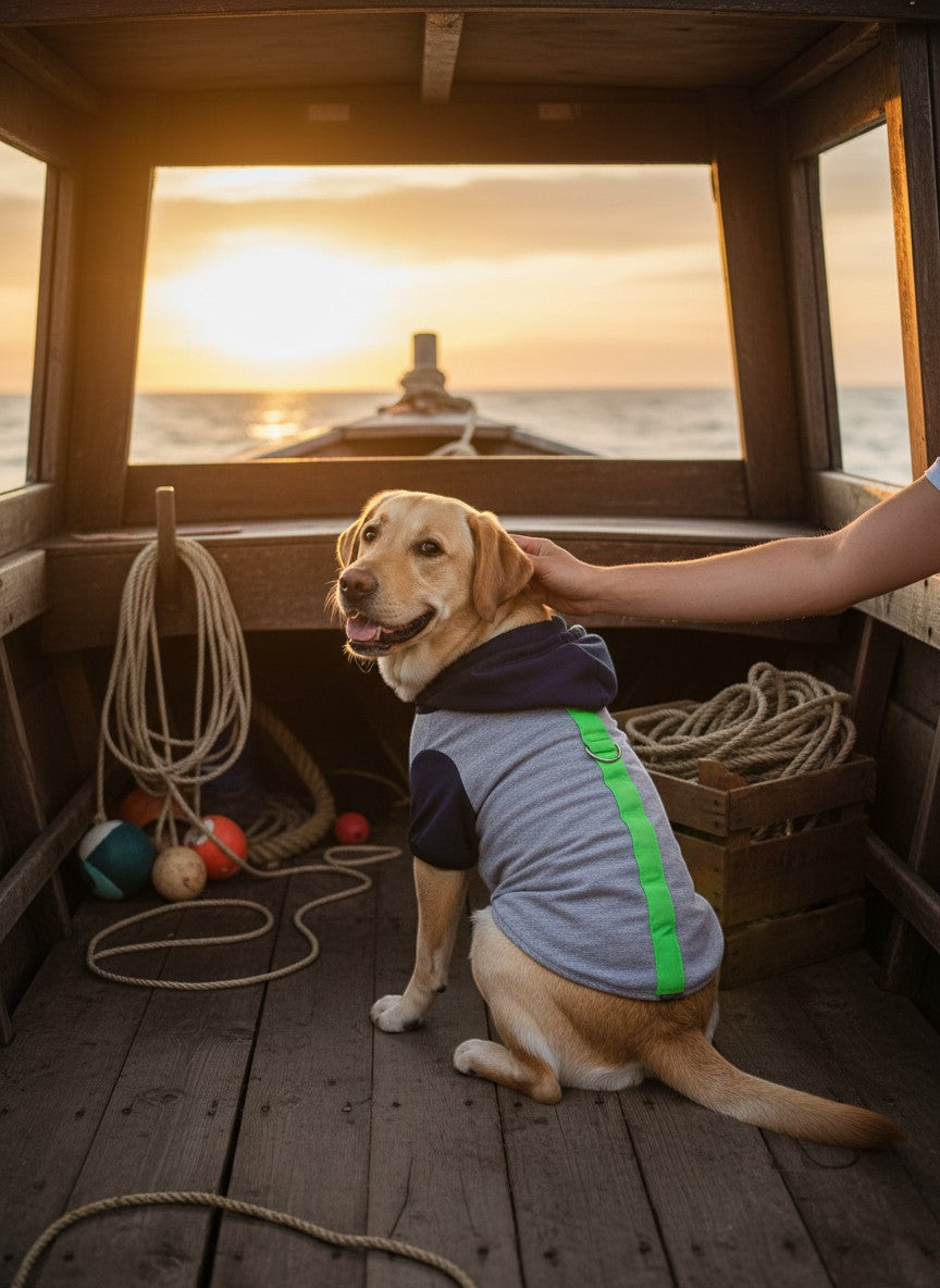 Labrador con gilet MITZON gris y azul marino banda reflectante verde fluo en barco al atardecer - lifestyle náutico premium