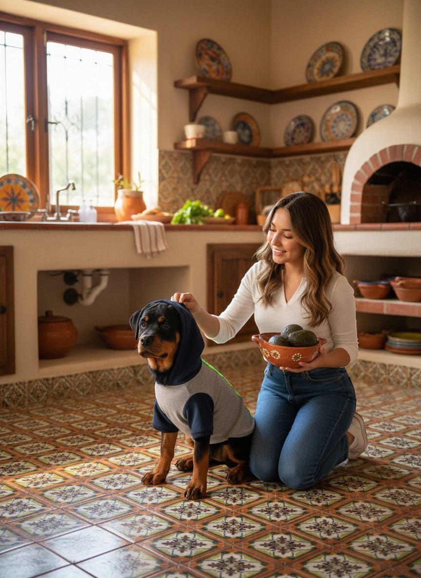 Perro con gilet capucha MITZON gris y azul marino con banda reflectante verde fluo en cocina - accesorio premium seguridad