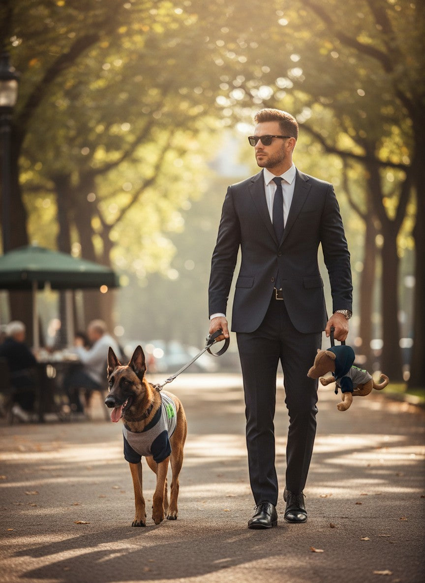 Hombre en traje paseando con perro con gilet MITZON bicolor gris y azul banda fluo en parque - lifestyle urbano premium