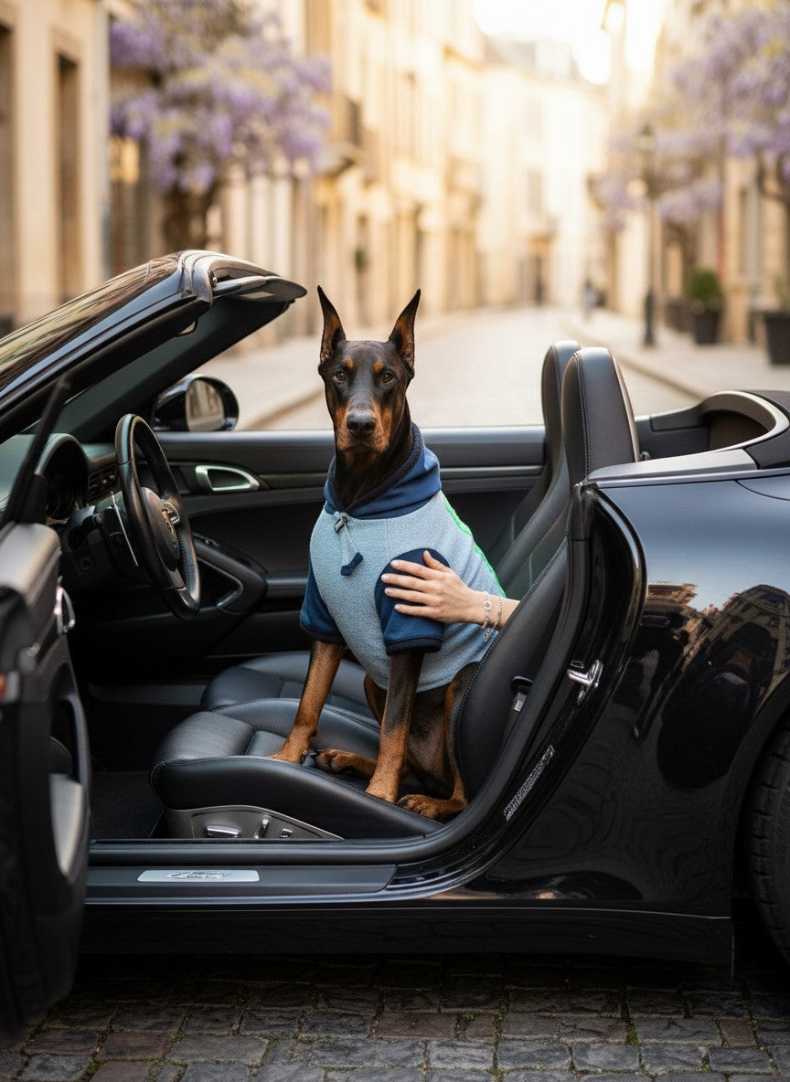 Doberman con gilet MITZON bicolor gris y azul banda reflectante fluo - sentado en auto - accesorio premium seguridad
