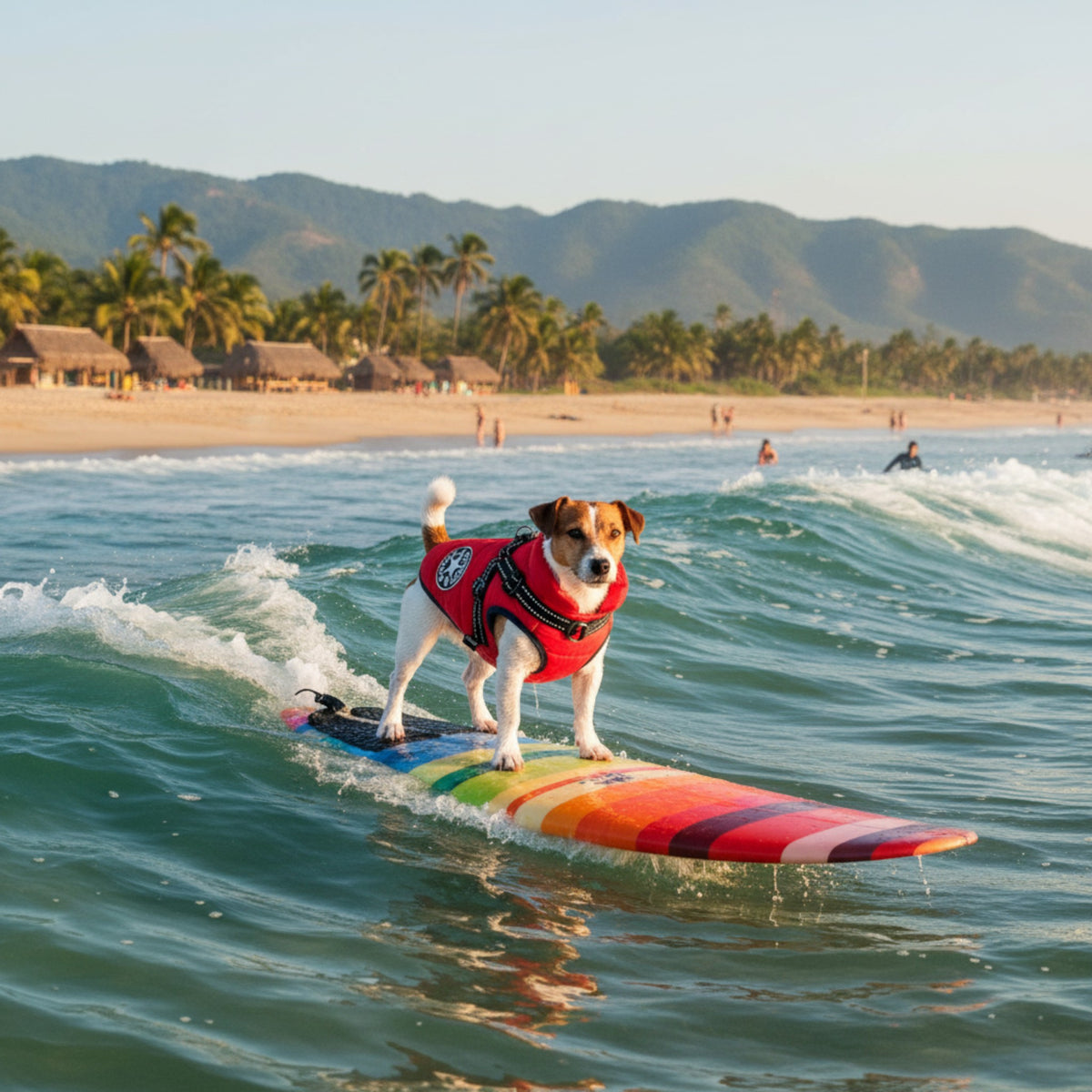 Chien Jack Russell portant un gilet harnais rouge MITZON sur une planche de surf colorée dans l'océan