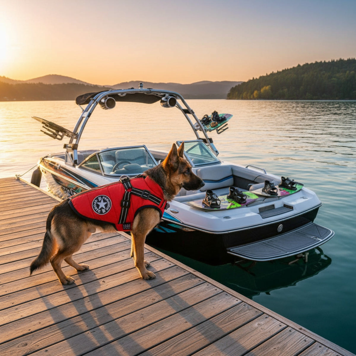 Chien berger allemand portant un gilet harnais rouge MITZON sur un ponton près d'un bateau au coucher du soleil