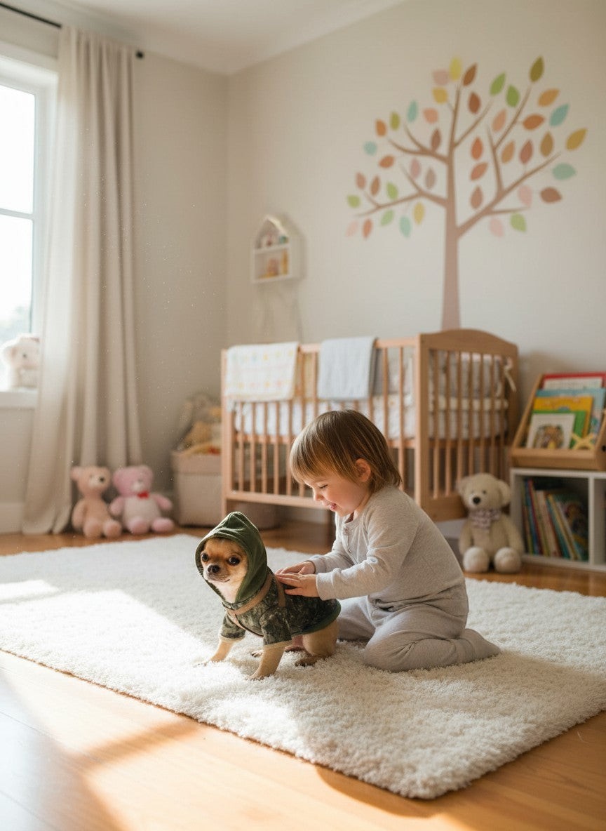 Chien portant un gilet tactique MITZON à motif camouflage numérique avec capuche verte, caressé par un enfant.