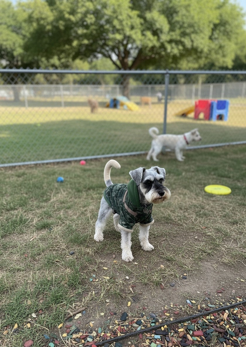 Chien Schnauzer portant un gilet tactique MITZON à motif camouflage numérique avec capuche verte dans un parc