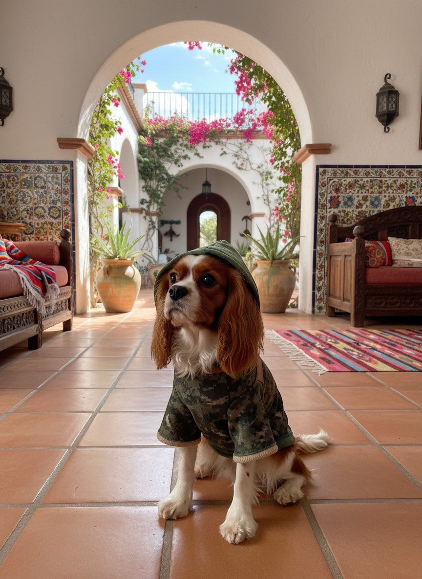 Chien Cavalier King Charles portant un gilet militaire MITZON à motif camouflage avec capuche verte dans un patio