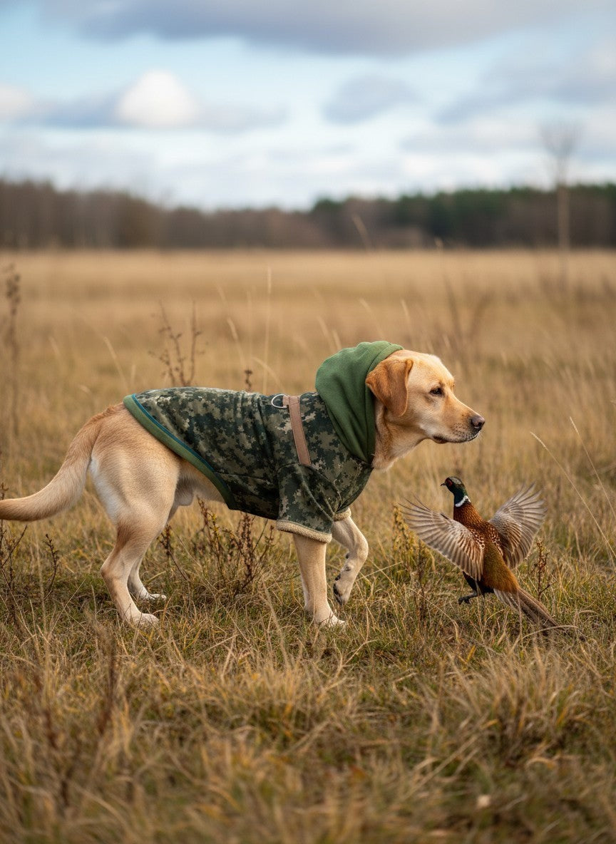 Chien Labrador portant un gilet tactique MITZON à motif camouflage numérique avec capuche verte dans un champ