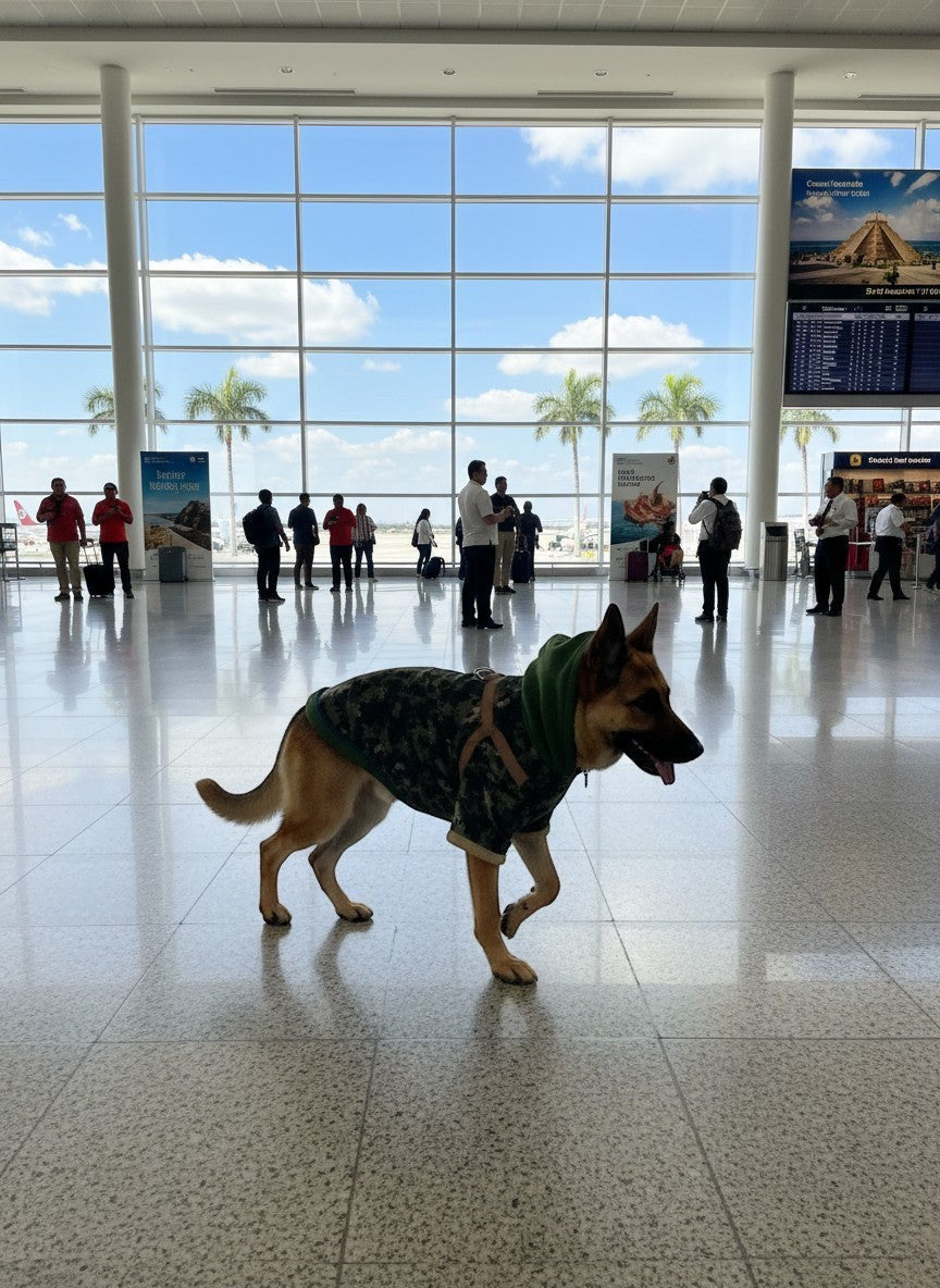 Chien berger allemand portant un gilet tactique MITZON à motif camouflage numérique avec capuche verte dans un aéroport
