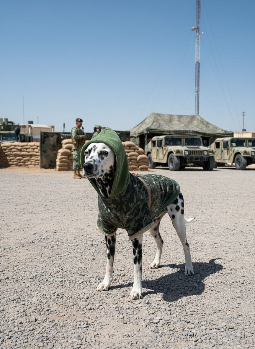 Chien dalmatien portant un gilet tactique MITZON à motif camouflage numérique avec capuche verte sur un terrain militaire