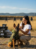 Gilet táctico MITZON camuflaje digital con capucha verde para perros - dueña y mascota en conjunto
