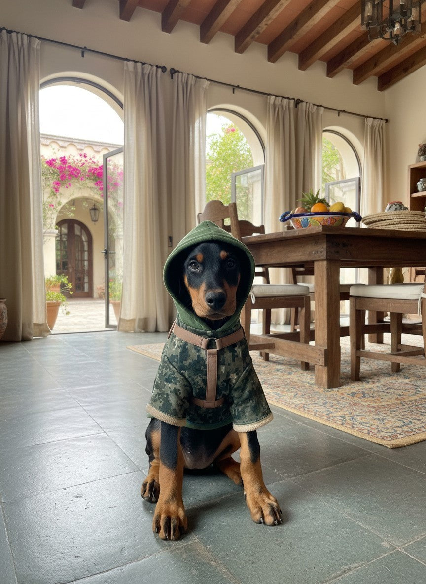 Chiot Doberman portant un gilet tactique MITZON à motif camouflage numérique avec capuche verte dans une maison
