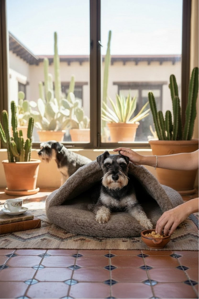 Chien Schnauzer blotti dans une grotte pour animaux MITZON en laine beige artisanale sur un tapis dans un salon