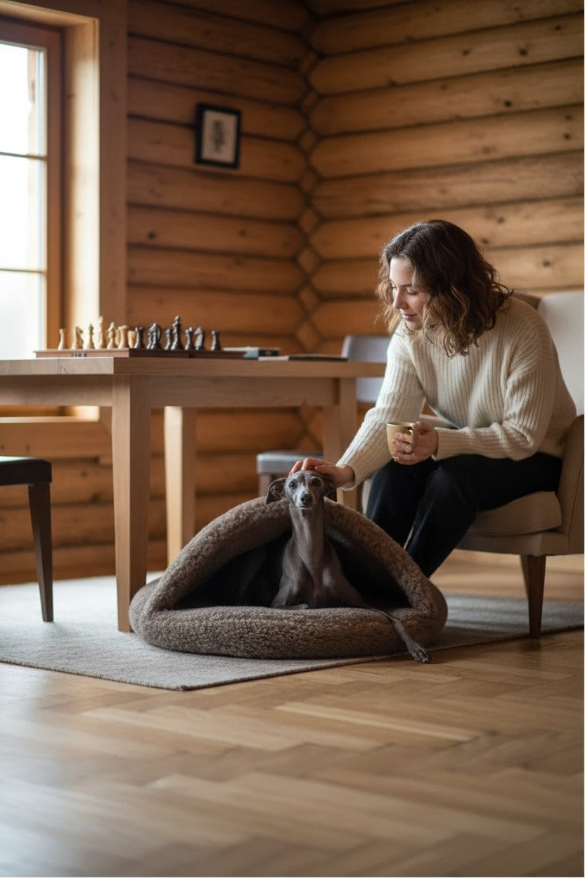 Grotte pour animaux MITZON en laine beige avec un petit chien gris à l'intérieur dans un salon chaleureux en bois.