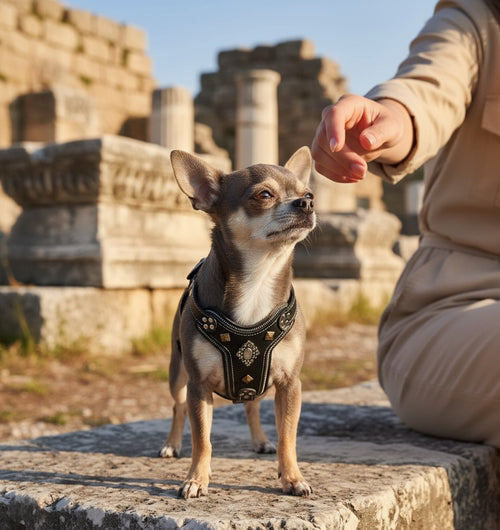 Harnais pour chien MITZON Aztec en cuir noir avec rivets décoratifs et fermeture éclair, porté par un chihuahua.