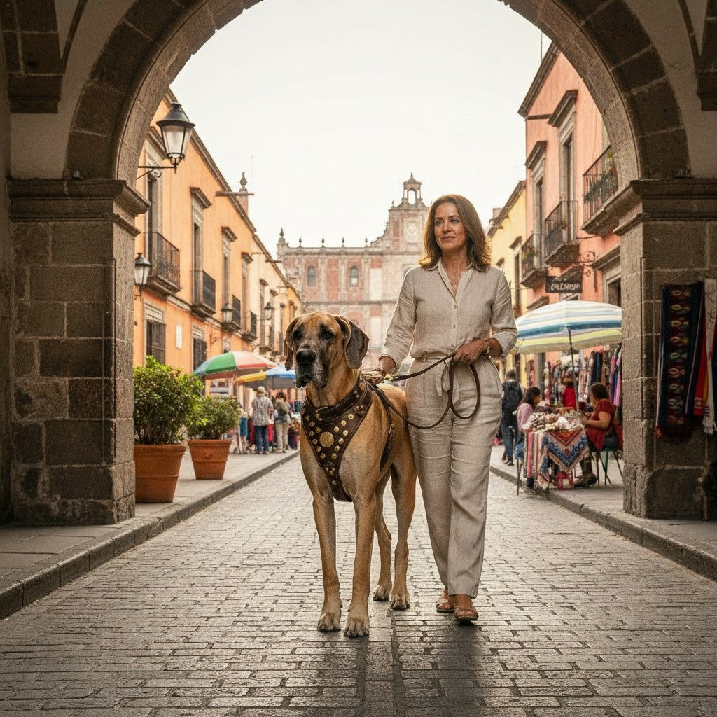 Femme promenant un grand chien portant un harnais en cuir marron MITZON avec rivets en laiton dans une rue pavée