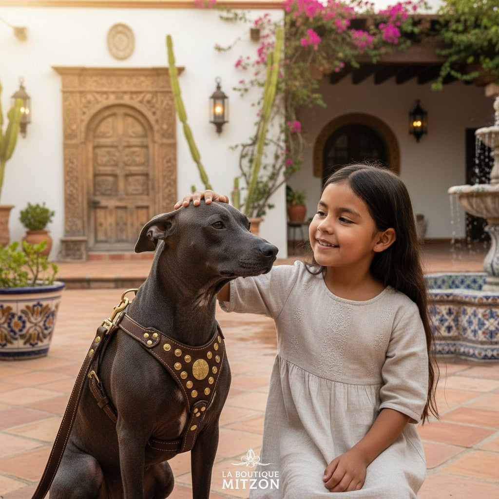 Jeune fille caressant un chien portant un harnais en cuir marron avec rivets dorés de la marque MITZON dans un patio
