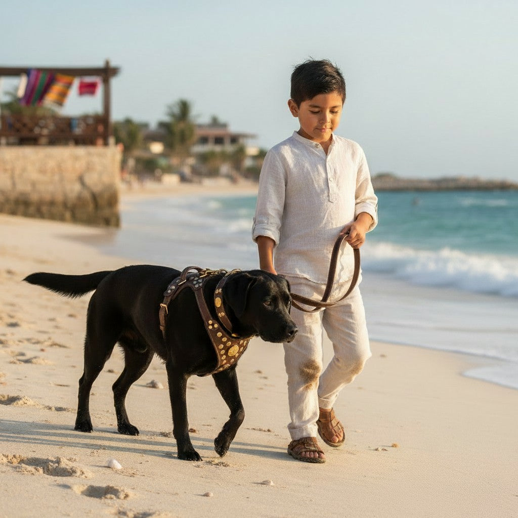 Enfant marchant sur la plage avec un chien noir portant le harnais et la laisse en cuir marron MITZON Maximus