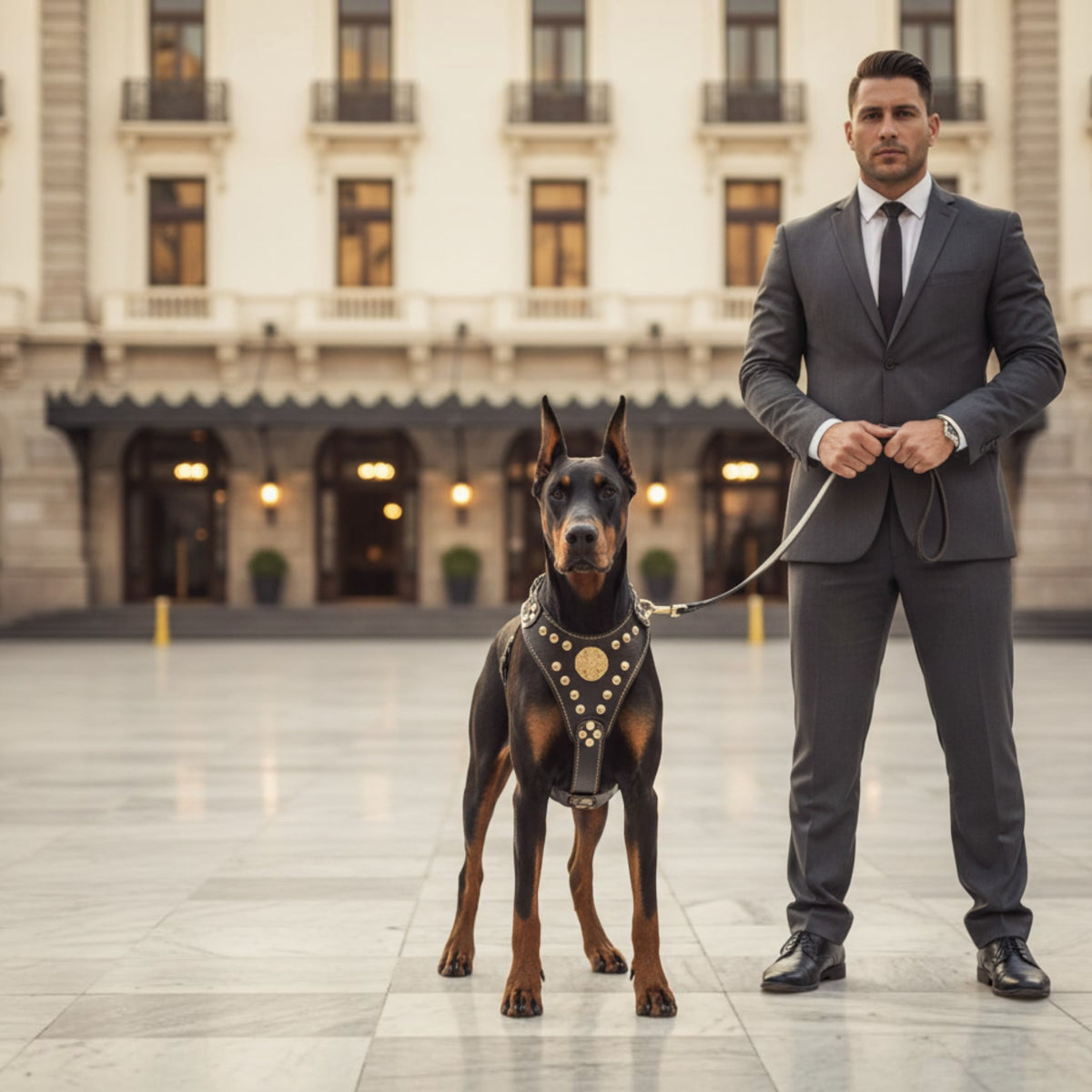 Harnais pour chien MITZON Maximus en cuir noir avec rivets dorés et rembourrage orthopédique, porté par un Doberman.