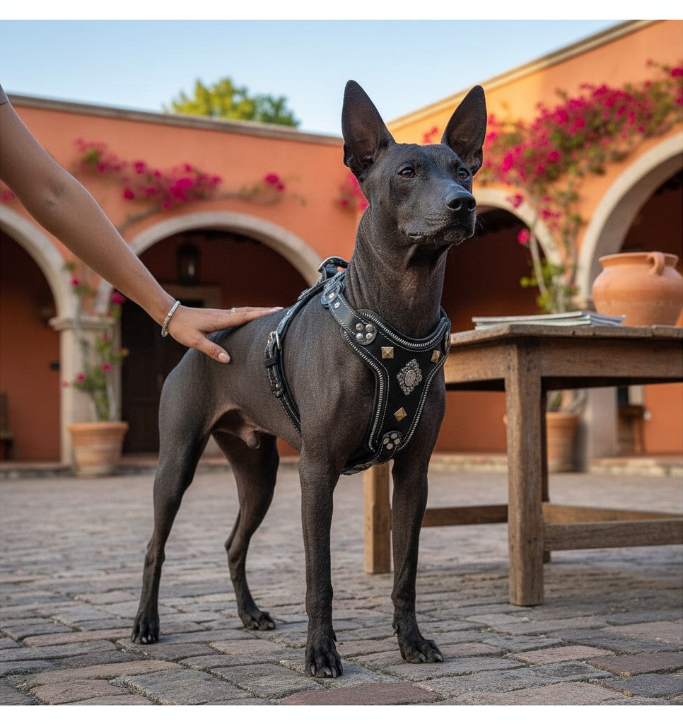 Harnais pour chien MITZON Aztec en cuir noir avec rivets argentés et laiton, doublure en peau de porc et détail zip