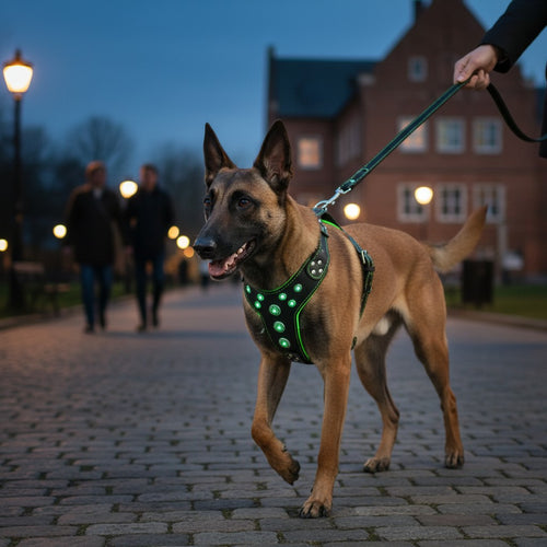 Harnais pour chien MITZON Bijou en cuir noir et vert avec strass, porté par un chien lors d'une promenade nocturne.