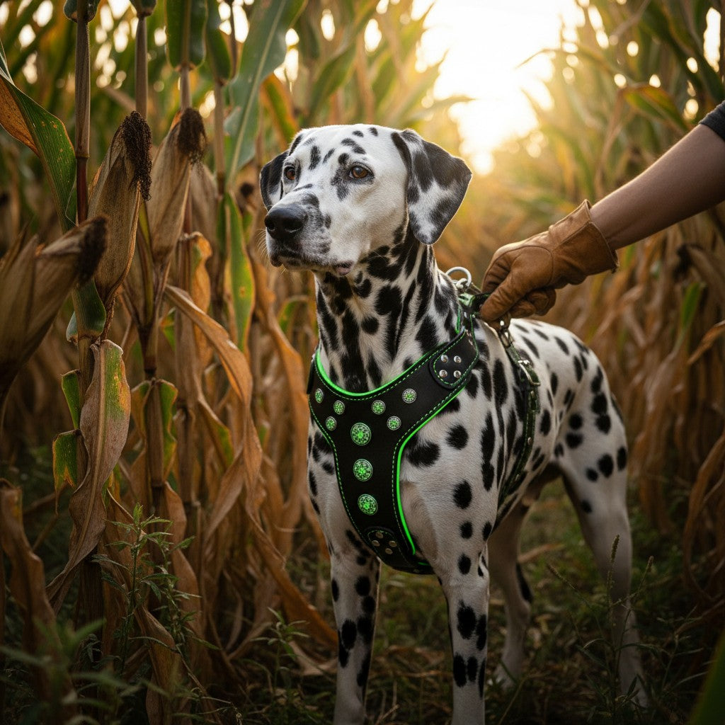 Harnais pour chien MITZON Bijou en cuir noir et vert avec strass, porté par un dalmatien dans un champ de maïs