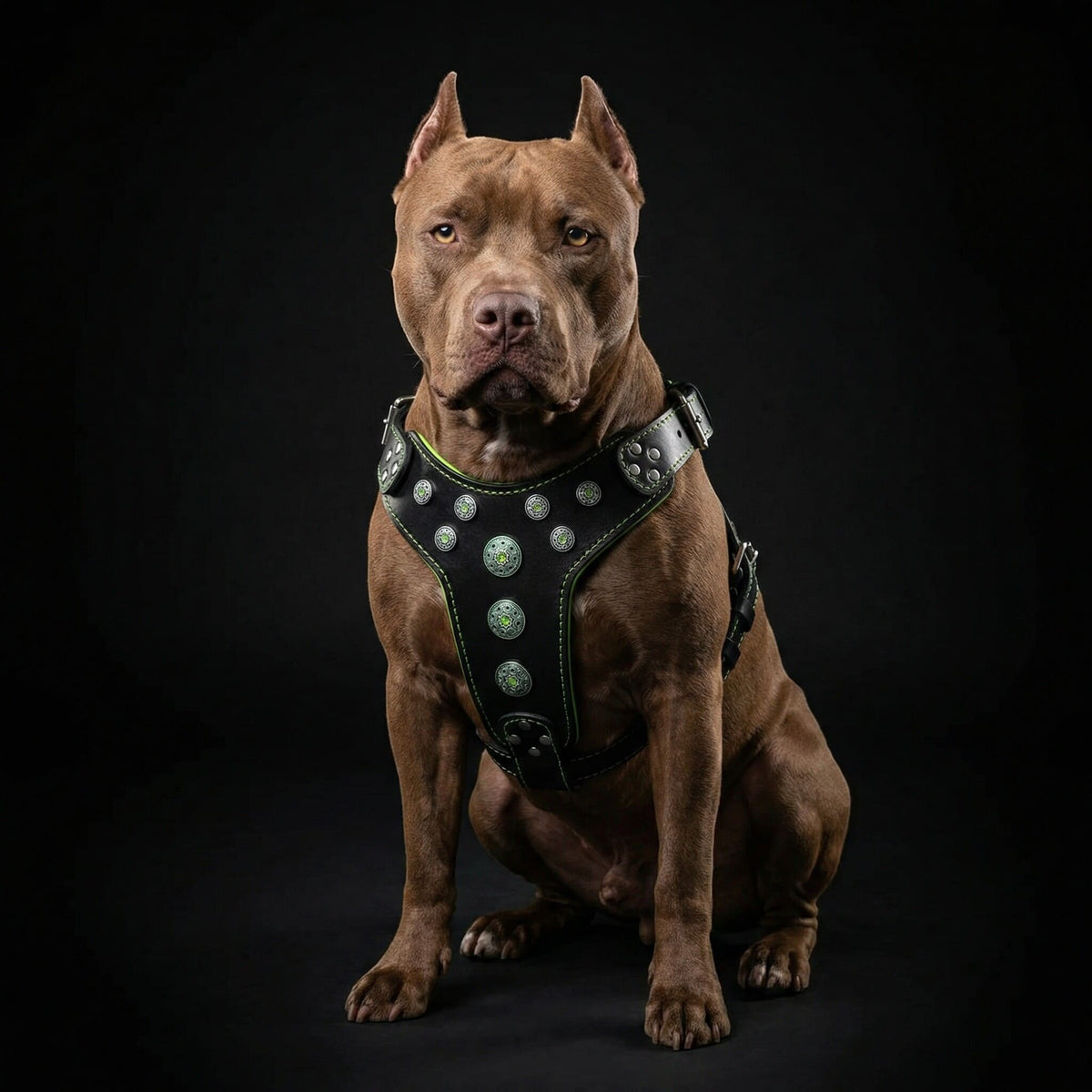 Harnais pour chien MITZON Bijou en cuir noir et vert avec rivets argentés et strass sur un pitbull