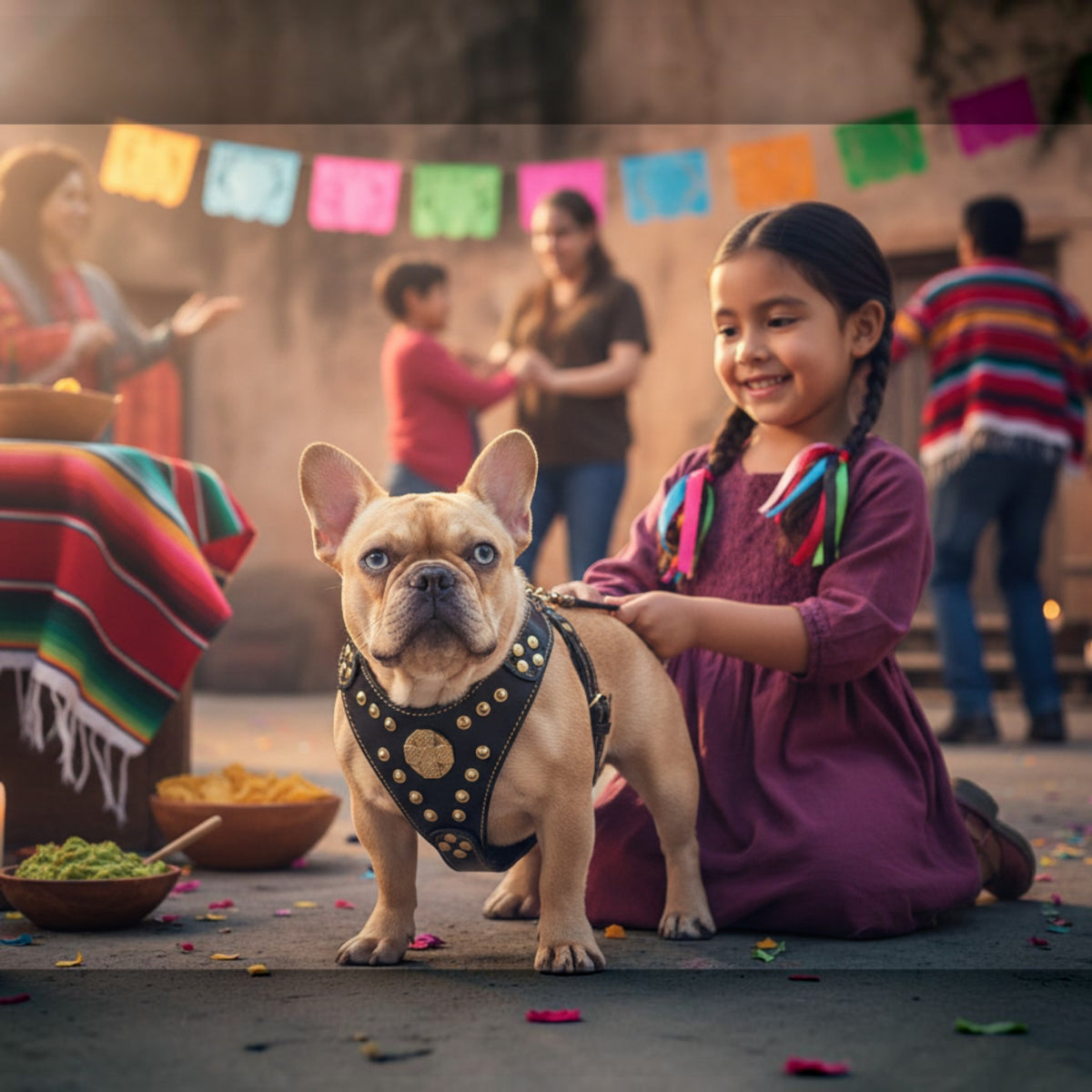 Harnais pour chien MITZON Maximus en cuir noir avec rivets dorés porté par un bouledogue français lors d'une fête