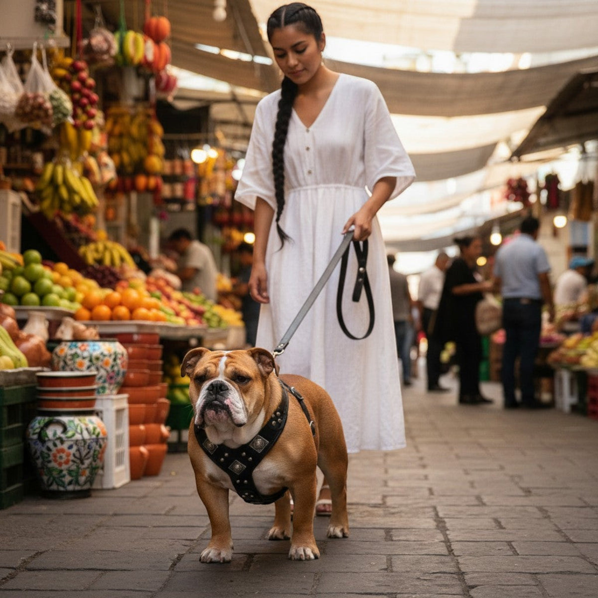 Ensemble MITZON Eros en cuir noir pour grand chien avec harnais clouté, collier et laisse dans un marché animé.