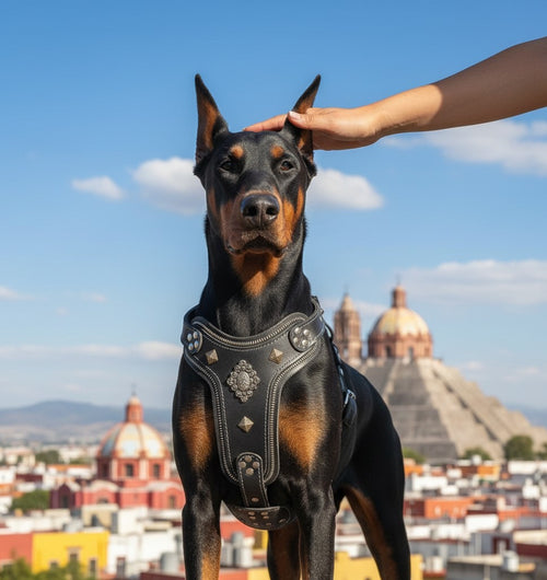 Harnais pour chien MITZON Aztec en cuir noir avec rivets décoratifs et fermeture éclair, porté par un Doberman