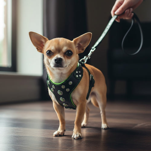 Harnais pour chien MITZON Bijou en cuir noir avec strass verts et rivets argentés porté par un petit chien