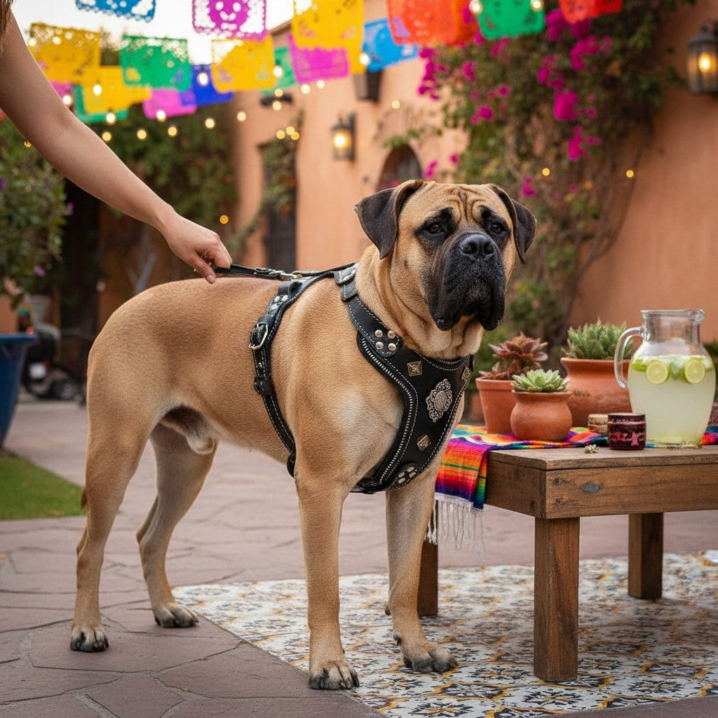 Harnais pour chien MITZON Aztec en cuir noir avec rivets argentés et laiton, doublure en peau de porc et détail fermeture