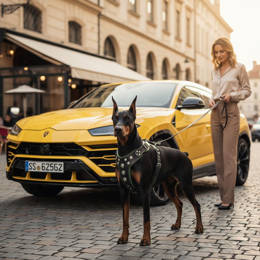 Harnais pour chien MITZON Bijou en cuir noir avec rivets argentés et strass verts, porté par un Doberman.