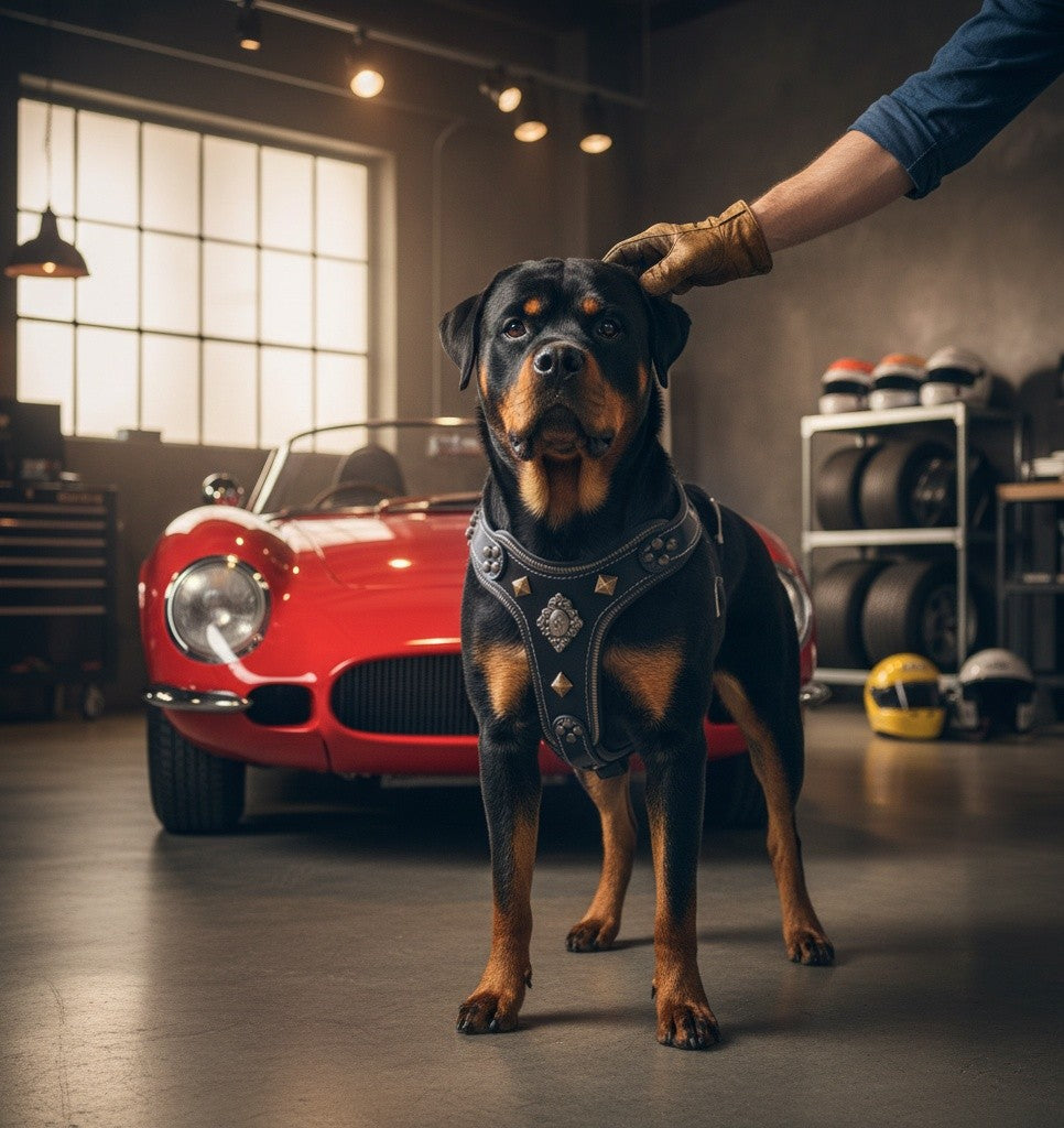 Harnais pour chien MITZON Aztec en cuir noir avec rivets décoratifs, porté par un Rottweiler dans un garage automobile.