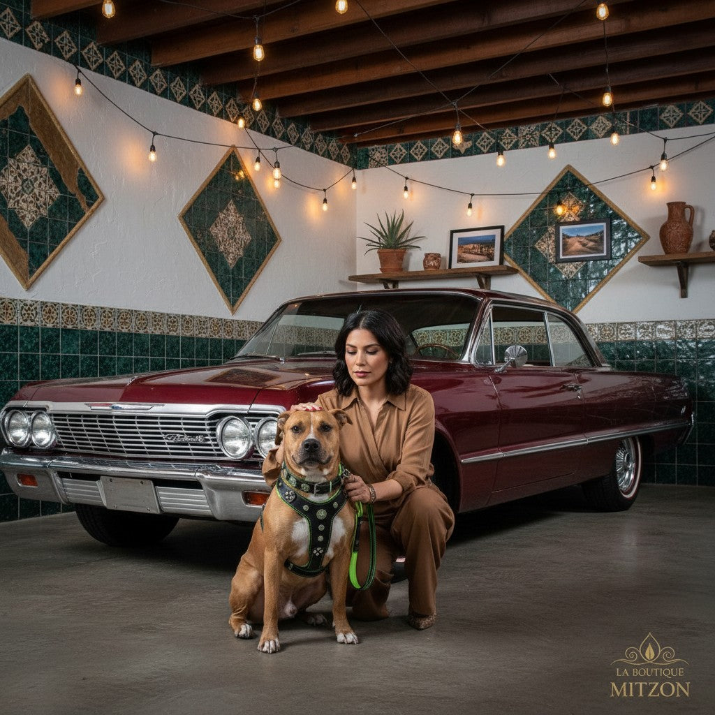 Femme avec chien portant le harnais en cuir vert Bijou de MITZON orné de strass, devant une voiture vintage.