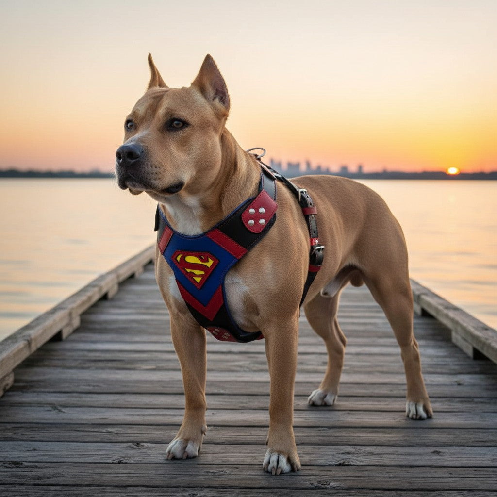 Chien de type pitbull portant un harnais MITZON bleu et rouge avec logo super-héros sur un ponton au coucher du soleil