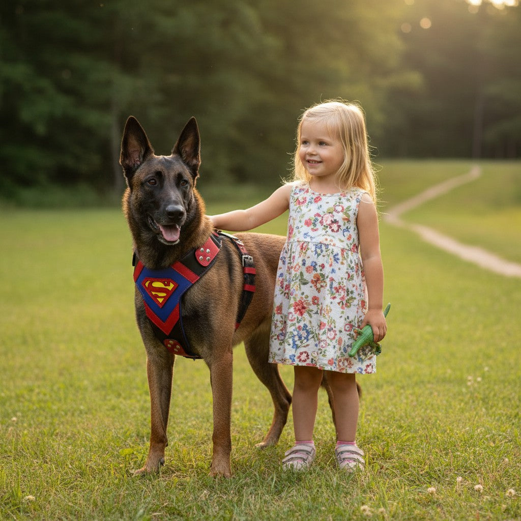 Harnais pour chien MITZON motif super-héros rouge et bleu porté par un berger belge aux côtés d'une petite fille