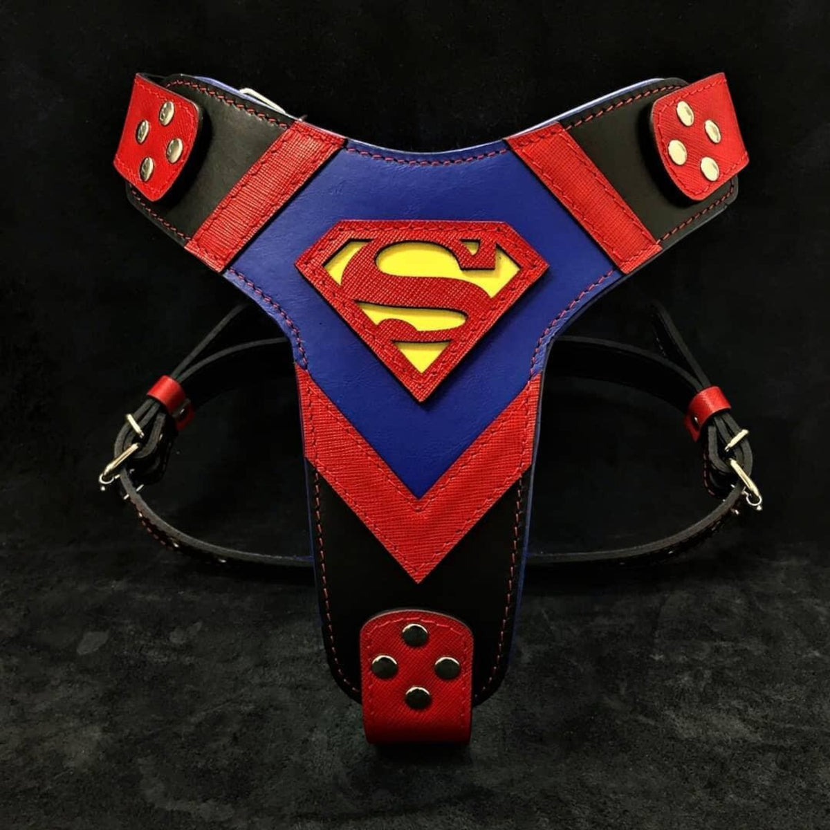 Harnais pour chien MITZON en cuir bleu, rouge et noir avec logo de super-héros et détails métalliques robustes.