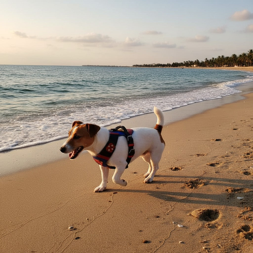 Chien Jack Russell portant un harnais MITZON motif super-héros sur une plage au coucher du soleil