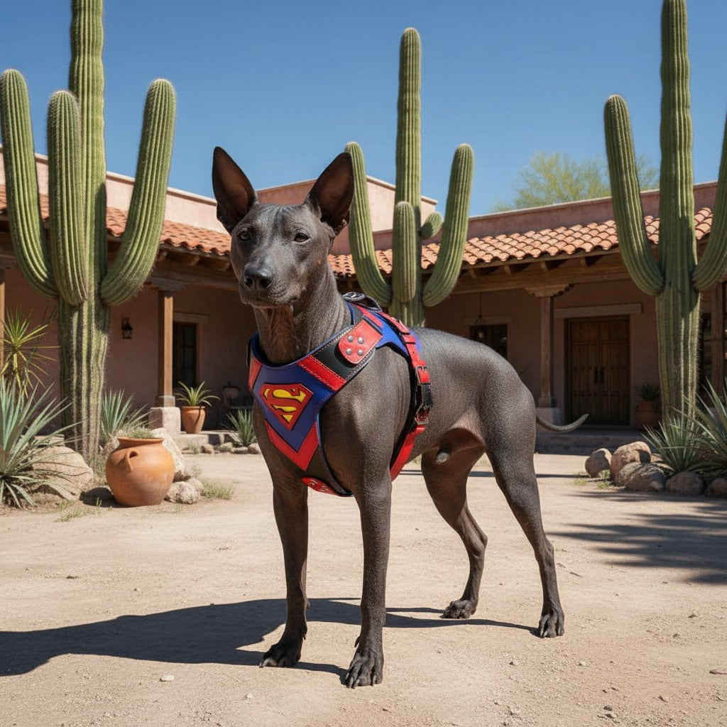 Chien nu mexicain portant un harnais MITZON rouge et bleu avec logo de super-héros dans un décor désertique.