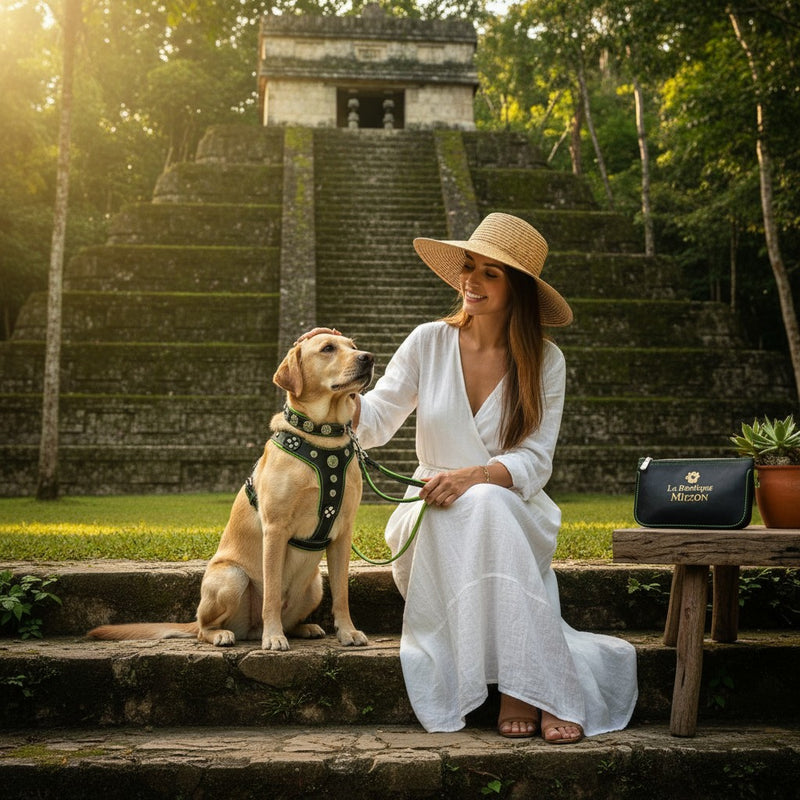 Femme en robe blanche caressant un chien portant le harnais et collier vert MITZON Bijou orné de strass devant une pyramide