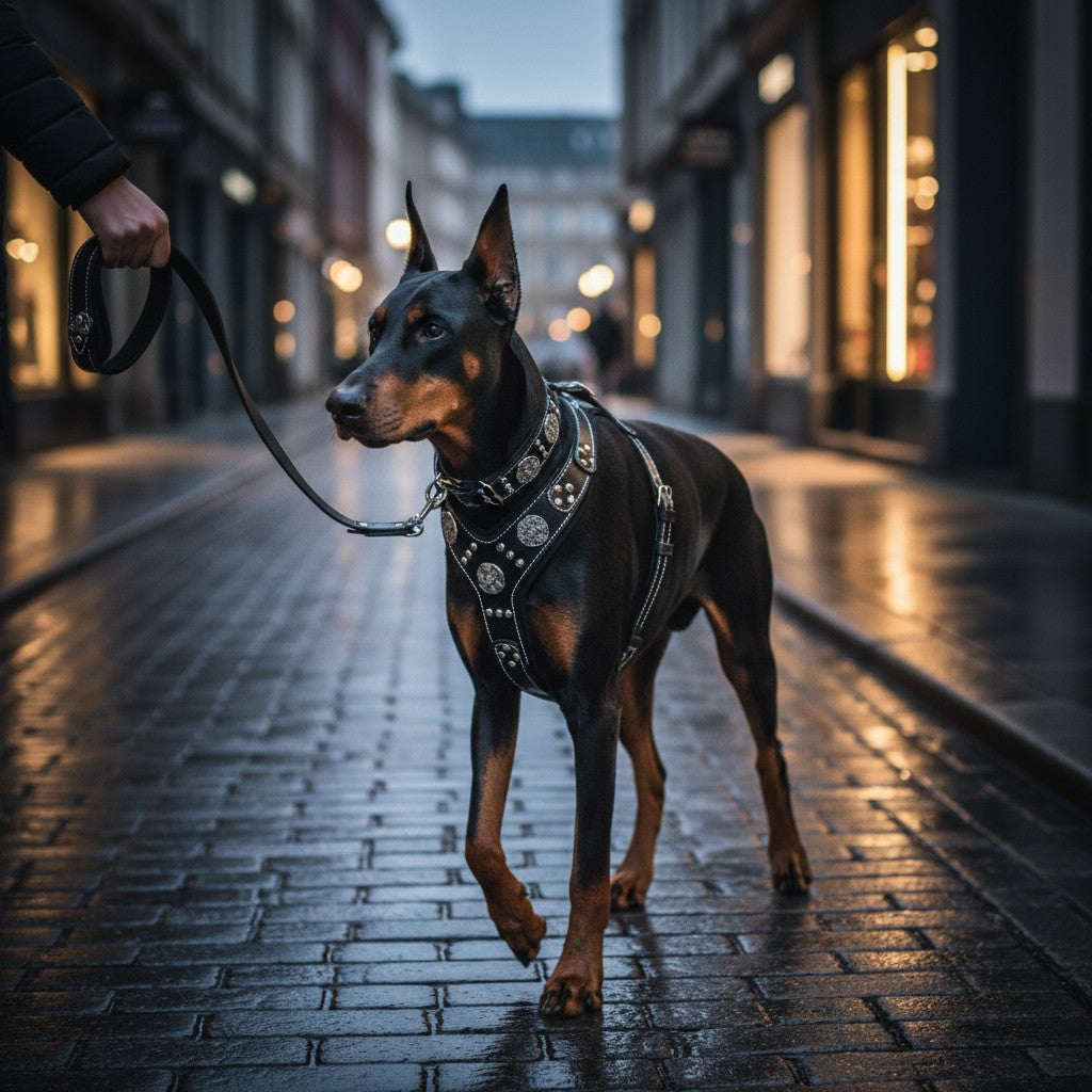 Doberman portant un ensemble MITZON Maximus noir en cuir avec harnais, collier et laisse à rivets argentés dans une rue