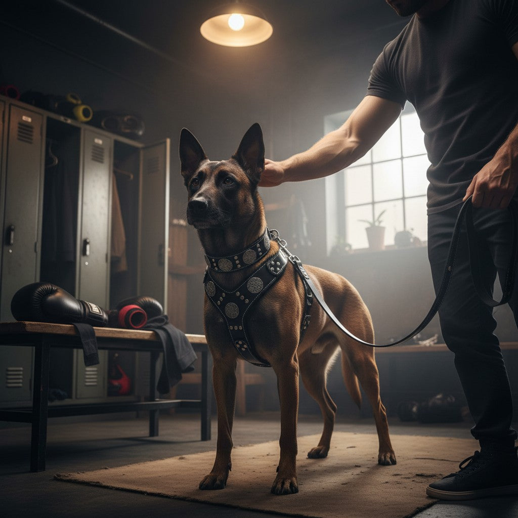 Ensemble MITZON Maximus Silver en cuir noir avec harnais, collier et laisse cloutés pour grand chien dans un vestiaire.