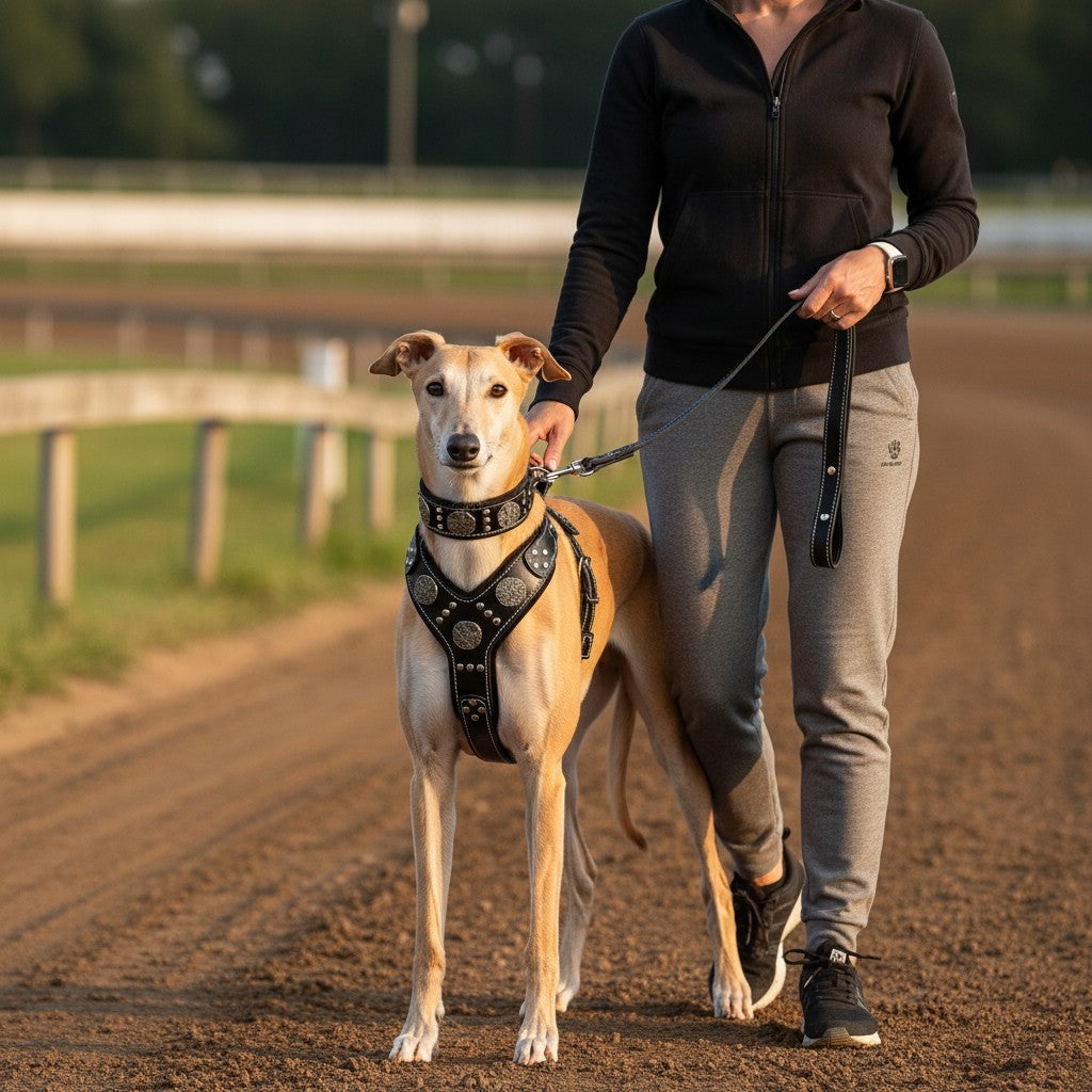 Chien portant un harnais et un collier en cuir noir MITZON avec rivets argentés, tenu en laisse sur une piste