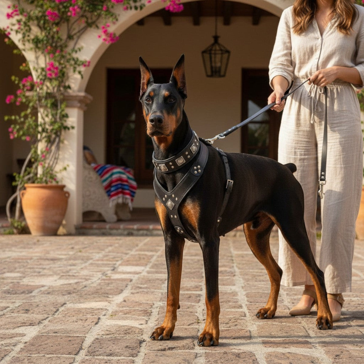 Ensemble MITZON Eros pour grand chien en cuir noir avec harnais, collier et laisse cloutés portés par un Doberman
